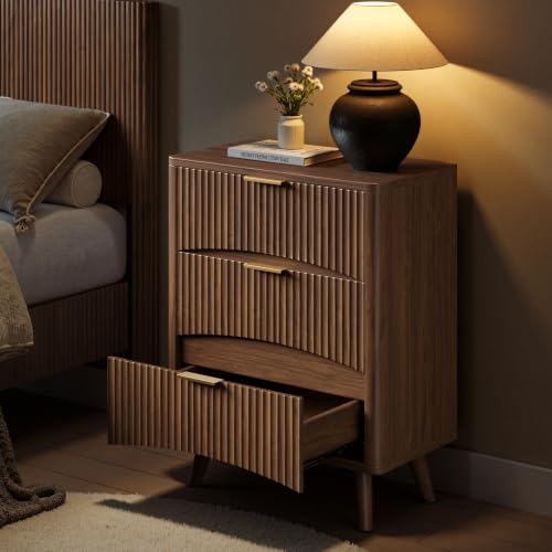 Image of Evermagin 29 inch Tall Fluted Nightstand Set of 2 with 3 Drawers | Walnut Night Stand, Wooden Bedside Table, Mid Century Modern Side Table for Bedroom, livingroom
