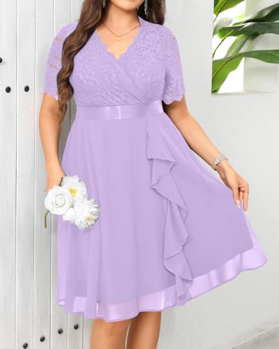 Image of Talisea Plus Size Wedding Guest Dress - Formal Cocktail Party Ruffle Elegant Tea Length Lace Chiffon V Neck Midi Dresses