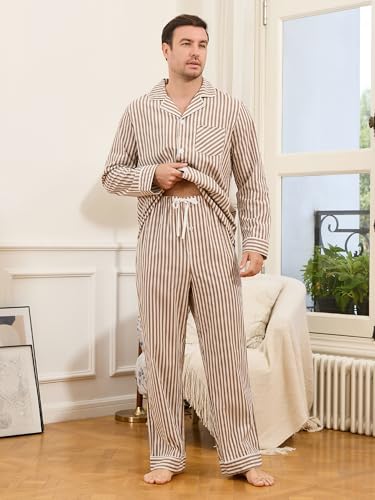 U2SKIIN Couple Pajama Sets, Soft Cotton Button-Down Striped Pajamas for Men and Women Long Sleeve Sleepwear with Pockets3