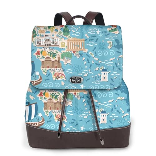 Sac à dos en cuir imprimé carte de Grèce pour femme active cherchant confort et style