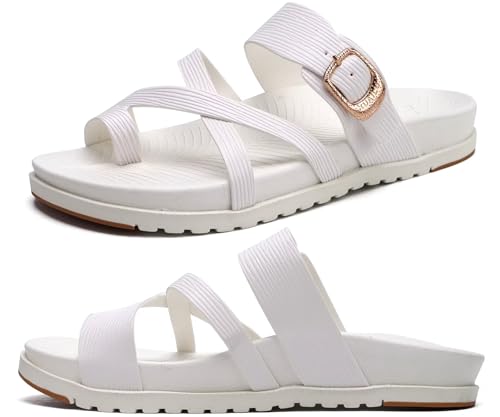 KuaiLu Womens Orthopedic Sandals With Comfortable Arch Support Cushion Yoga Mat Slides Fashion Summer Beach Flat Sandles Adjustable Open Toe Travel Outdoor Plantar Fasciitis Flip Flops Bride White 9