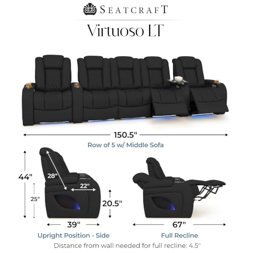 Image of Seatcraft Virtuoso LT Black Italian Leather Home Theater Seating, Zero Gravity Power Recliner, Heat and Massage, Powered Headrest and Lumbar Gaming and Home Office Chair, Row of 5 Middle Sofa
