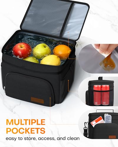 Image of HOTOR Insulated Lunch Box Men Women Leak-Proof Cooler Lunch Bag 15L | 4 Pockets, Adjustable Strap, Ideal for Work, Picnic, Travel, Camping, Gift, Black