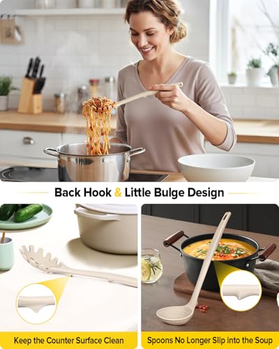 Silicone Pasta Fork and Soup Ladle Set, Heat Resistant Non Stick Kitchen Utensils with Back Hooks, Suitable for Cooking, Stirring, Serving Spaghetti, Soup, Sauce(KHAKI) - Thumbnail 4