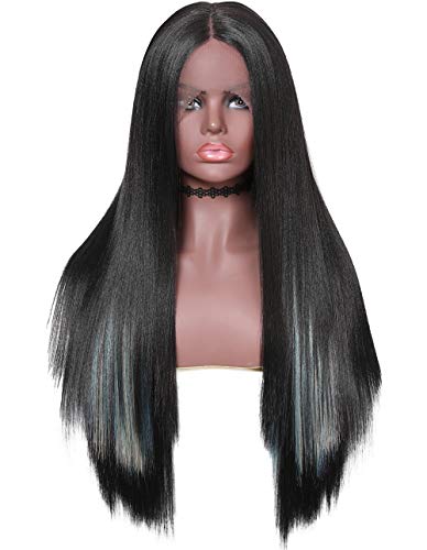 BuLaDou Lace Front Yaki Straight Heat Resistant Fiber Synthetic Wigs with Natural Hairline Middle Part Long Straight Wigs for Black Women, 1B/Highlight Blue (26 Inch)