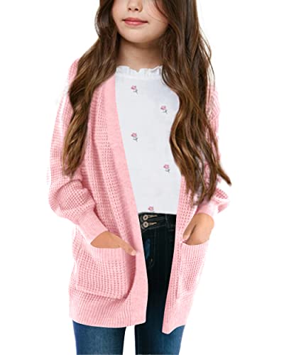 Apbondy Girls Cardigan Chunky Open Front Waffle Knitted Long Sleeve Oversized Sweater Coat Outerwear With Pockets Pink Xl #TOP16