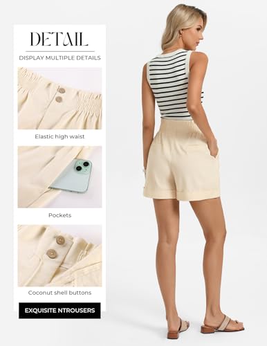GRACE KARIN Linen Shorts for Women Summer Beach Vacation A-line Wide Leg High Waist Shorts Comfy Lounge with Pockets Beige L — view 3