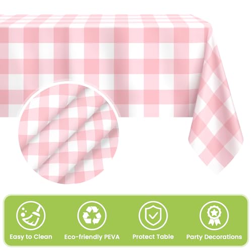 Image of Mulbozy 4 Pcs Pink Gingham Tablecloth 54 x 108 Inches Pink and White Checkered Table Cloth Disposable Plastic Waterproof Tablecover for Outdoor Picnic, Birthday Party, Holiday Dinner