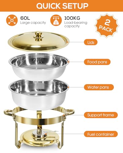 WENMILY Rund Chafing Dish Buffet Set 5L[Robust und hochwertig],2pcs Edelstahl Warmhaltebehälter [Elegante Gold und Silberfarben] Speisenwärmer für Catering Buffet und Party(Rollrand-Design)