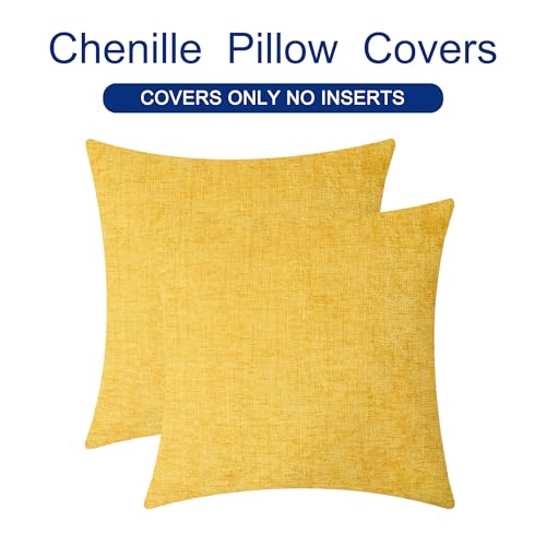 Image of CaliTime Throw Pillow Covers Decorative 24 X 24 Inches Pack of 2 Cozy Chenille Cushion Cases for Couch Sofa Bed Living Room Home Mustard Yellow