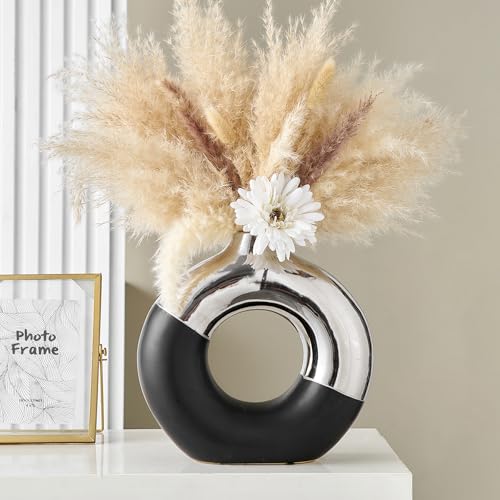 FJS Black and Silver Decorative Vase, Round Centerpiece for Table Decor