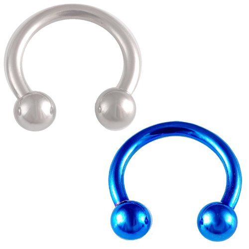 Set of 2 Rings: Gunmetal Silver & Blue Anodized 10G, 12 MM Round Circular Horseshoe Barbells Hoop Rings, Hypoallergenic 316L Stainless Steel Surgical Steel Ring lip, belly, nipple, cartilage, tragus, earring body Jewelry piercing - 10 gauge