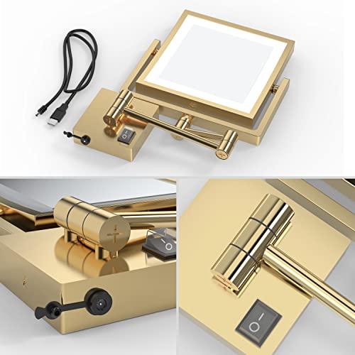 Ruacq Rechargeable Makeup Mirror Double Sided Vanity Mirror With Lights Square 1X/3X Magnification 8 Inch Led Magnifying Mirror Stainless Steel And Zinc Alloy Modern Wall Mounted #TOP3