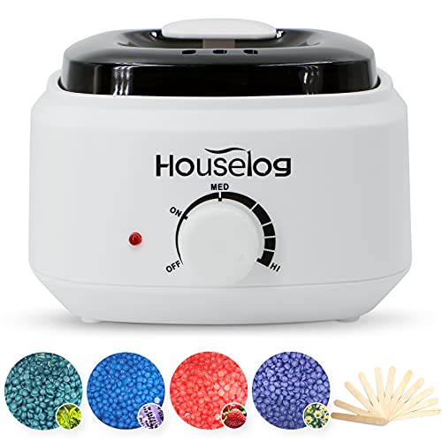 Houselog Wax Warmer Hair Removal Kit with 4 Different Hard Wax Beans and 10Pcs Wax Applicator Sticks for Women and Men (White)
