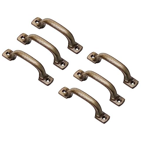 CRAFTSMAN ROAD Antique Brass Cast Iron Pull Handles (Foundry, Set of 6) - Cabinet Door Handles, Gate Handle Pull, Barn Door Hardware, Grab Handles Cover