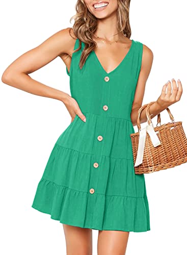 Image of MITILLY Women's Casual T-Shirt Dresses Sleeveless V Neck Button Down A Line Loose Swing Short Dress with Pockets