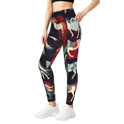 Leggings de caballos para mujer pantalones de yoga elásticos con bolsillos laterales