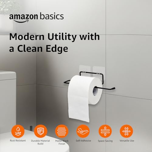Image of Amazon Basics Self-Adhesive Toilet Paper Holder | Wall-Mounted Bathroom Tissue Roll Hanger | Rust Proof GI Steel with Powder-Coated Black Finish | 24.8L X 5.47W x 4.8H cm, Pack of 1