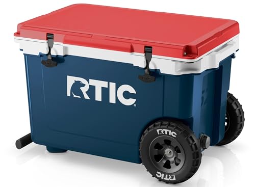 RTIC 52 Quart Ultra-Light Wheeled Hard Cooler Insulated Portable Ice Chest Box for Beach, Drink, Camping, Picnic, Fishing, Boat, Barbecue, 30% Lighter Than Rotomolded Coolers, Patriot