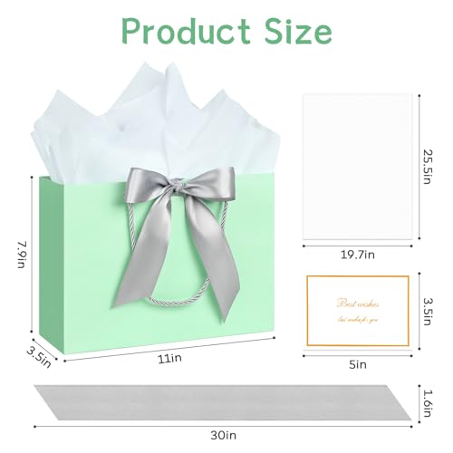 Image of JMANNI Gift Bags with Handles, 13 inch Medium Gift Bag for Presents, 1 Pcs Bags with 2 Tissue Paper and 1 Cards for Baby Shower Wedding Bridal Shower Mother's Day Birthday Party (Green)