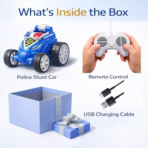 Image of Remote Controled Police Stunt Car Toy, All-Terrain Performance, 360 Rotating Rolling LED Flashing Lights with Police Siren Sound, Anti-Skid Rubber Tires, Grey, C Type Rechargeable 368PO Blue