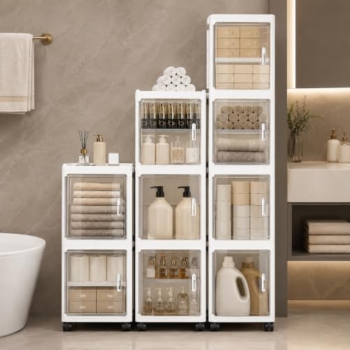 Image of KRISHYAM 4 Door Slim Plastic Storage Cabinet with Wheels, Collapsible Foldable Organizer with Transparent Doors, Removable Shelves & Magnetic Closure for Bathroom, Kitchen, Bedroom, White