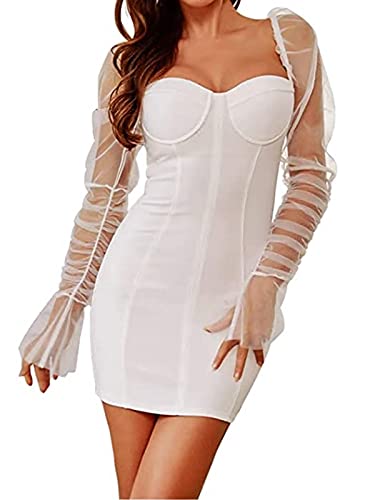 Image of Uni Clau Women Sexy Mesh Sheer Puff Long Sleeve Mini Dress Bodycon Deep V Neck Patchwork Party Clubwear Dress
