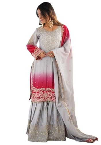 Image of Pandadi Saree Women's Chinon Silk Embroidery Kurta Sharara Set With Dupatta.