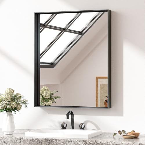 Image of Keonjinn 24x30 Inch Matte Black Bathroom Mirror for Over Sink, Rectangular