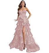 Strapless Tiered Lace Prom Dresses for Women 2025 Long Corset Tulle Ball Gowns with Slit Formal E...