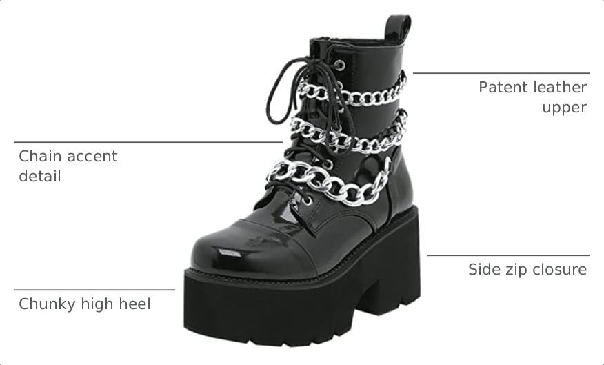 Image of Parisuit Womens Goth Patent Ankle Boots Platform Chunky Combat Boots | Lace Up, Gothic Boots, High Heel, Punk Short Booties, Buckle Boots, Chain Boots