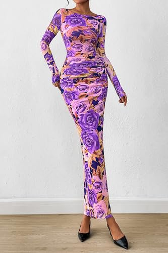 Image of PRETTYGARDEN Women's Long Sleeve Bodycon Dresses 2026 Spring Sexy Floral Mesh Slit Ruched Tight Maxi Wedding Guest Dress