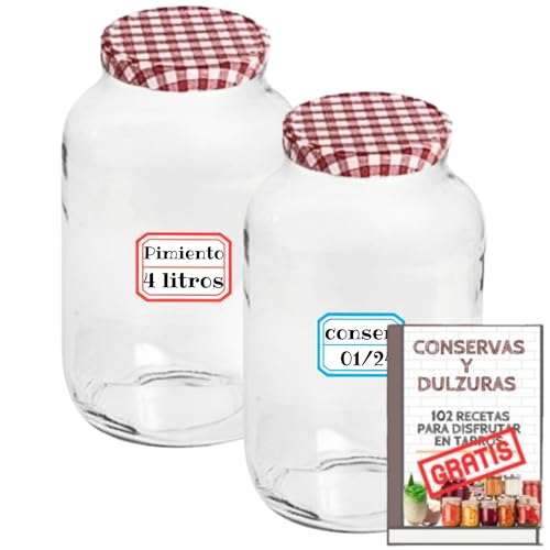 2 Tarros de Cristal de 4 litros con Tapas de Metal + Ebook de recetas - Frascos grandes de 4000 ml para Conservas, Encurtidos, Alimentos Caseros - Botes de 4 litros - Incluye Etiquetas (2)