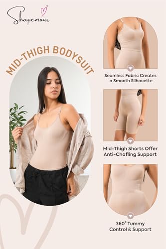 Image of SHAPEMOUR Mid Thigh Bodysuit Bodyshaper, Sculpting Design Shapewear for Women, Body Shaper with Silicone Grip, No Steel Bones for All Day Comfort, Smooth and Seamless Fit