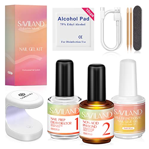 Saviland Nail Dehydrator&Non-Acid PH Bond with Nail Glue Gel and U V Gel X Lamp Setâ Glue Gel for False Nails Tips with Nail Dehydrator & Acid-Free PH Bond 16W Portable U V LED Nail Lamp for DIY Nail Extension Set