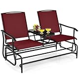 Tangkula 2 Person Swing Glider Chair, Patio Rocking Loveseat w/Center Tempered Glass Table, Outdoor Swing Bench w/Steel Frame & Breathable Mesh Fabric for Porch, Balcony, Poolside (Burgundy)