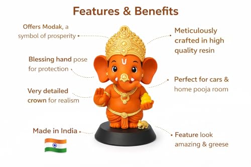 Image of Lord Kesari Ganesh Ji Idol, Kesari Gold Finish | Cute Ganpati Murti with Laddu, Resin Figurine, For Car Dashboard & Home Temple, For Pooja Room, Office Desk, Car Decor