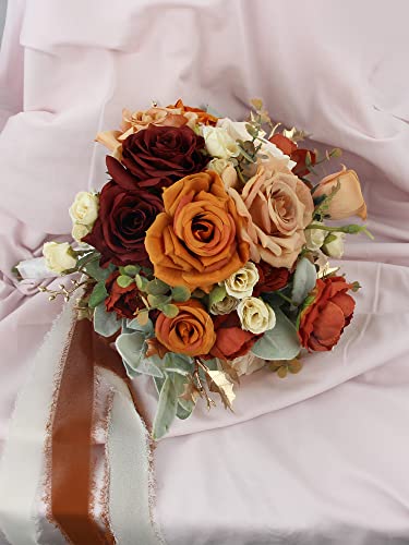 Rinlong Rustic Burnt Orange Wedding Bouquet For Bride Bridal Bridesmaid Bridal Bouquet Proposal Prom Artificial Flowers Bouquet Wedding #TOP5