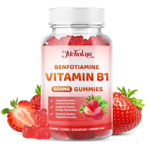 Mchokuu Vitamin B1 Gummies 500mg with Benfotiamine Thiamine Supplement for Women & Men Supports Healthy Energy Metabolism & Immune Sugar-Free | Vegan | Non-GMO Natural Strawberry Flavor 60 Count