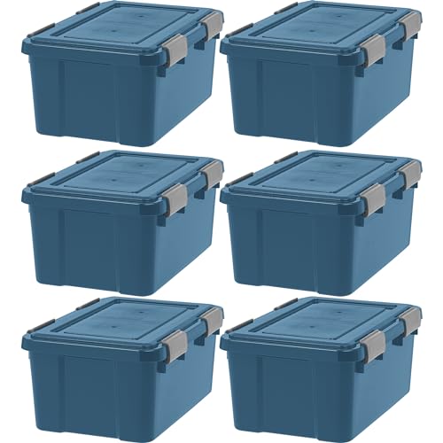 Image of IRIS USA WeatherPro 19 Qt Eco-Friendly Storage Bins with Lids, 6 Pack, BPA-Free Plastic Gasket Box with Tight Latch and Seal, Stackable Nestable Tote Tub - Navy