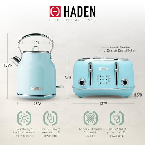 Haden-Heritage-4-Slice-Wide-Slot-Stainless-Steel-Body-Retro-Toaster-and-Heritage-17-Liter-Stainless-Steel-Body-Retro-Electric-Kettle-Turquoise Haden Heritage 4 Slice Wide Slot Stainless Steel Body Retro Toaster and Heritage 17 Liter Stainless Steel Body Retro Electric Kettle Turquoise