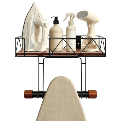 Ironing Board Hanger Wall Mounted, Metal Ironing Board Holder with Wood Shelf, Ironing Board Storage Rack with Hook for Laundry Room, Living Room, Bathroom (Matte Black)
