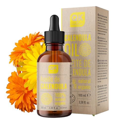 QKnatur - Huile de Calendula Vegan 100% Pure Bio - 100 ml - flacon en verre - pour peaux sensibles, sèches et craquelées. Apaisant et cicatrisant. Acné,...