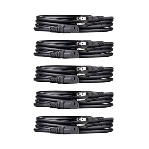 Image of Amazon Basics Universal PC Power Cord Replacement, AC Power Cord for Monitor, Computer, TV, 3 Prong, 18 AWG, 125 Volts, 6 ft, Black, 5-Pack