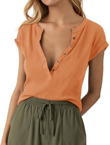 Tankaneo Women Deep V Neck Low Cut Tops Casual Ribbed Knit Henley T-Shirts Summer Short Sleeve Tees Orange