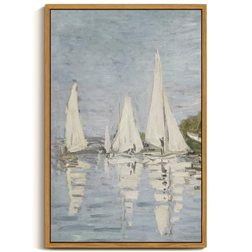 Image of ARPEOTCY Vintage Framed Canvas Wall Art, 16x24inch, Farmhouse Sailboat Large Wall Decor, Nautical Lake Art Prints Home Decorations, Seascape Hanging Paintings for Living Room Bedroom Office Decor