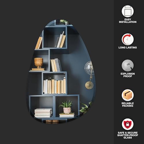 Image of Rousrie Frameless Wall Mirror for Bathroom, Glass, Modern, Clear, Wall Mount, 45 x 30 cm (1, Wavy)