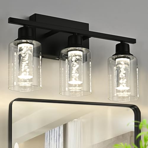 Image of Bathroom Vanity Light Fixtures, 3-Light Integrated LED Lighting Fixtures Over Mirror with Crystal Bulb Clear Glass Shade Modern Black Vanity Light for Bathroom(LED Bulbs Included)