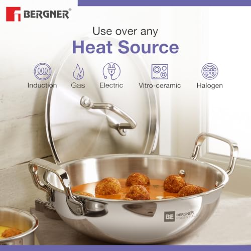 بيرجنر مجموعة اواني طهي ثلاثية الطبقات من الستانلس ستيل من تراي برو، مقلاة قلي عميقة 22 سم مع غطاء، مقلاة 22 سم، مقلاة تادكا 10 سم، مجموعة طهي صحية تستخدم الزيت بشكل اقل وتسخين متساوي، جاهزة للحث