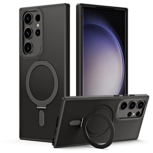 simptech Ultimate Protection Case for Samsung Galaxy S23 Ultra Magnetic Wireless Charging， Aerospace Alloy Hidden Stand,Military-Grade Material, X-SHOCK Reinforcement,360° Shockproof Black